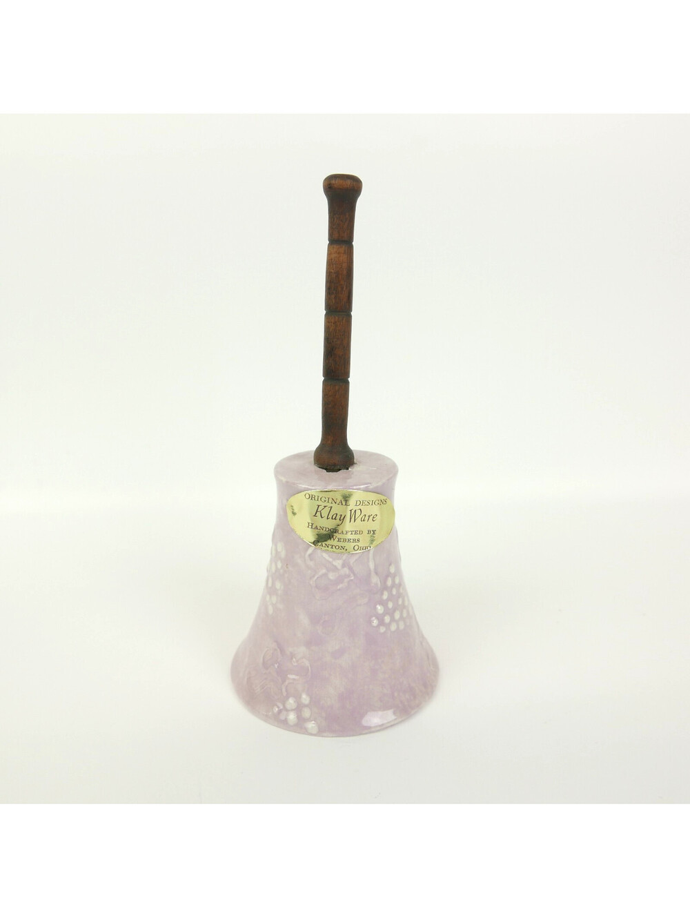 Vintage Klay Ware Ceramic Hand Bell Wooden Handle Webers Canton Ohio Purple 6"